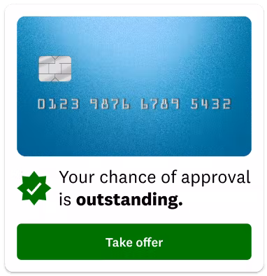 Screen snippet showing a blue credit card with type below stating your chance of approval is outstanding.