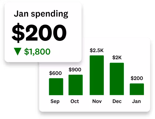 Green bar graph showing spending amounts by month with another call out showing January spending decreased by $200.